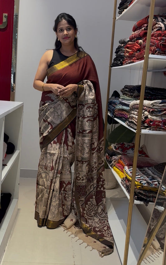 Brown Kalamkari Chennur Silk Saree