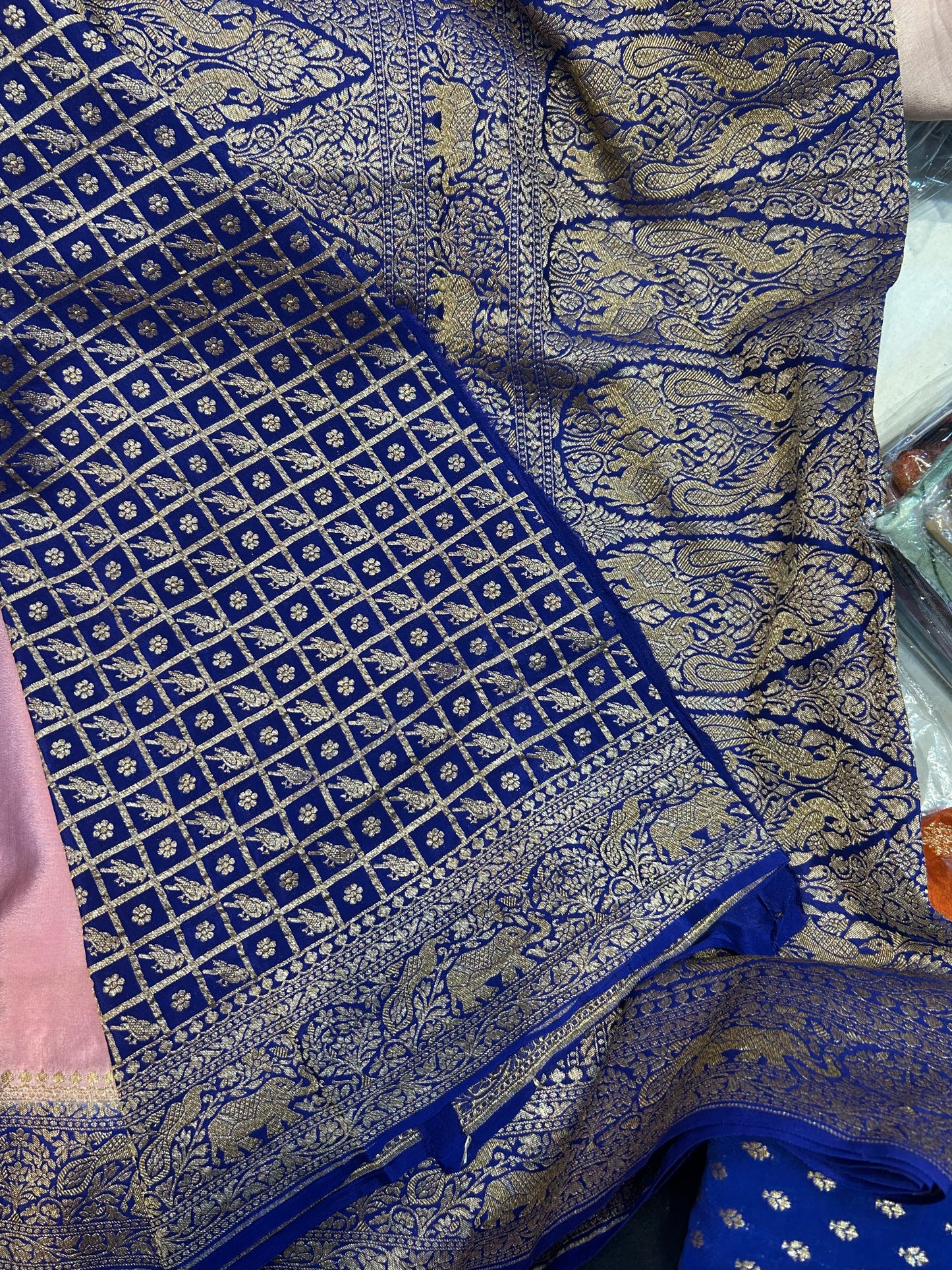 Baby pink with blue pure crepe Banarasi saree