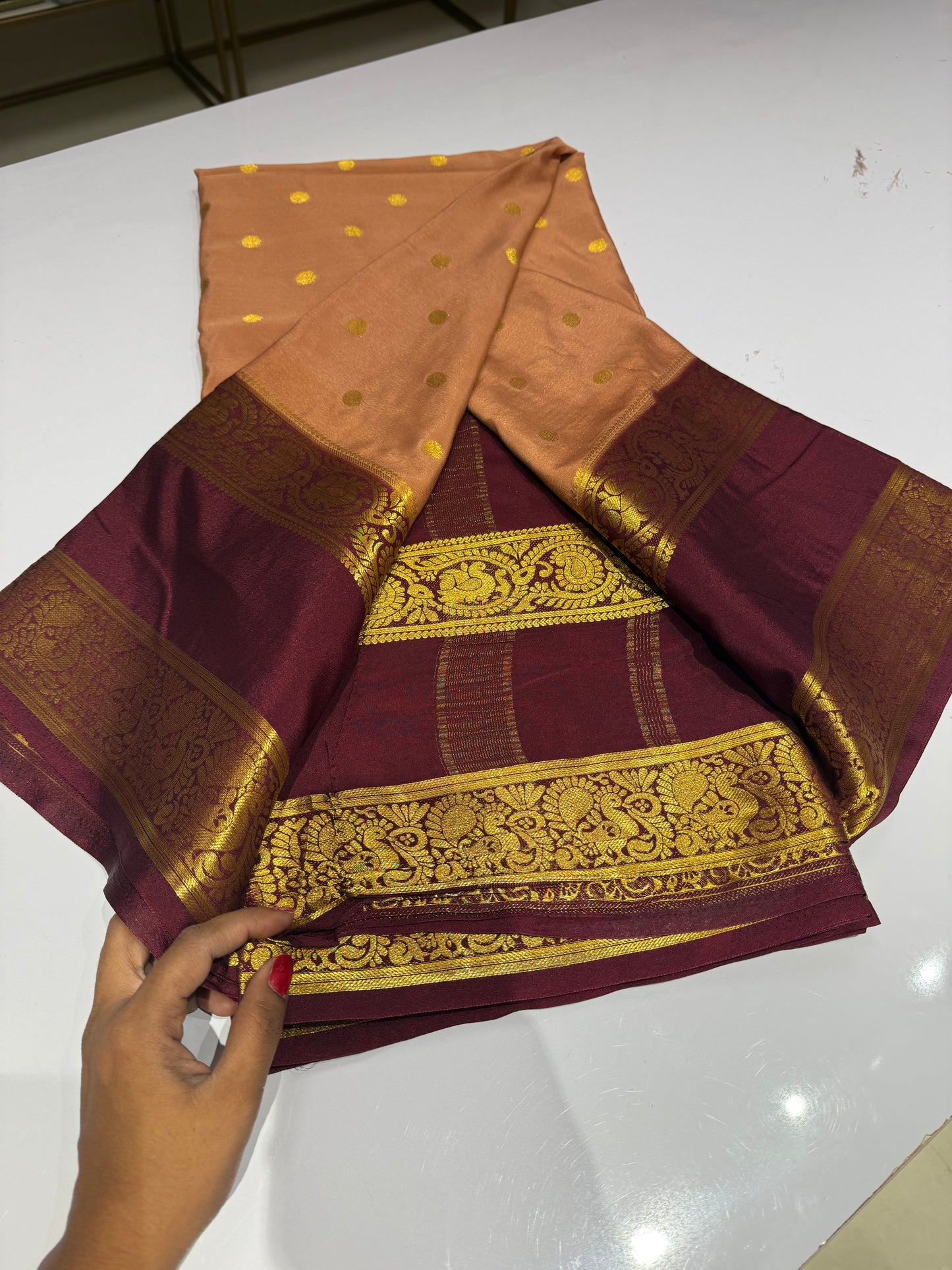 Peach with brown semi crepe silk saree