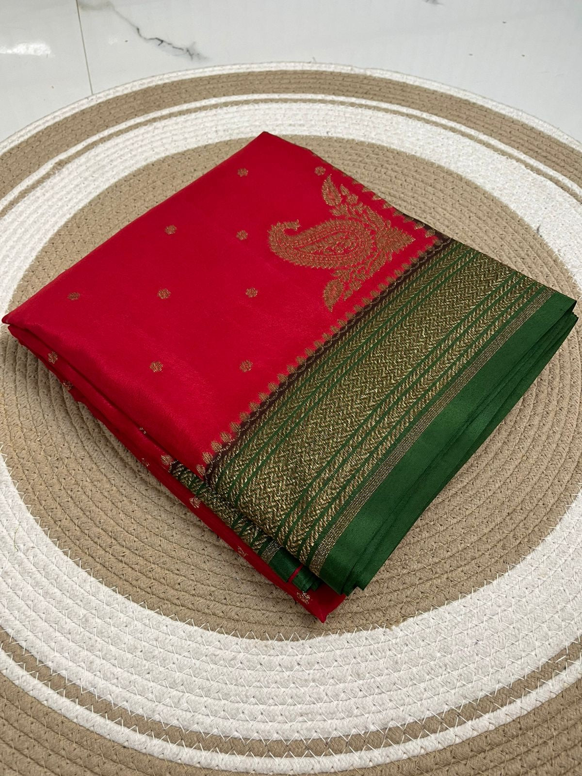 Red with green Pure Crepe chiffon banarasi saree with konia design(konia111)