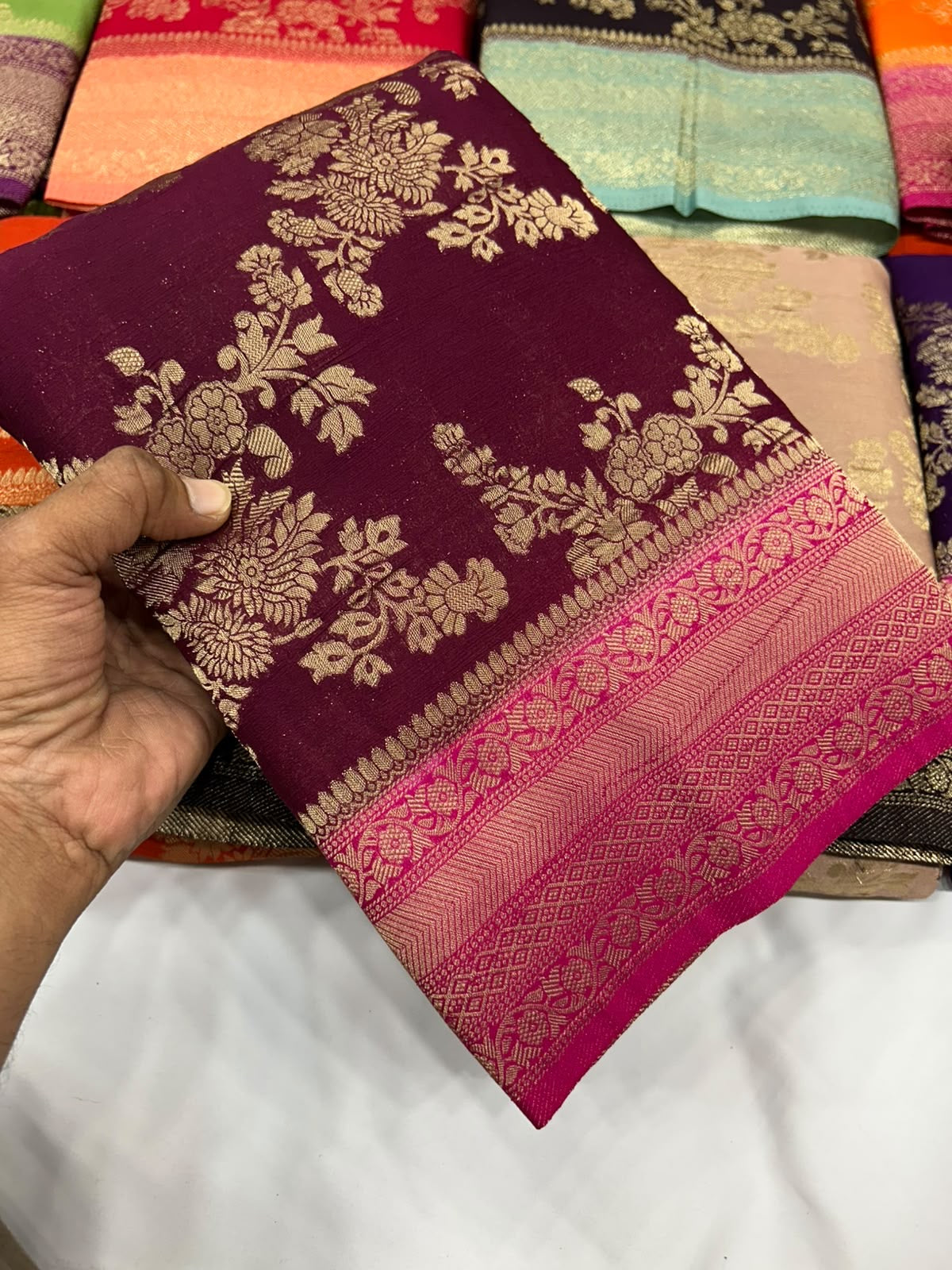 Red crushed Georgette saree