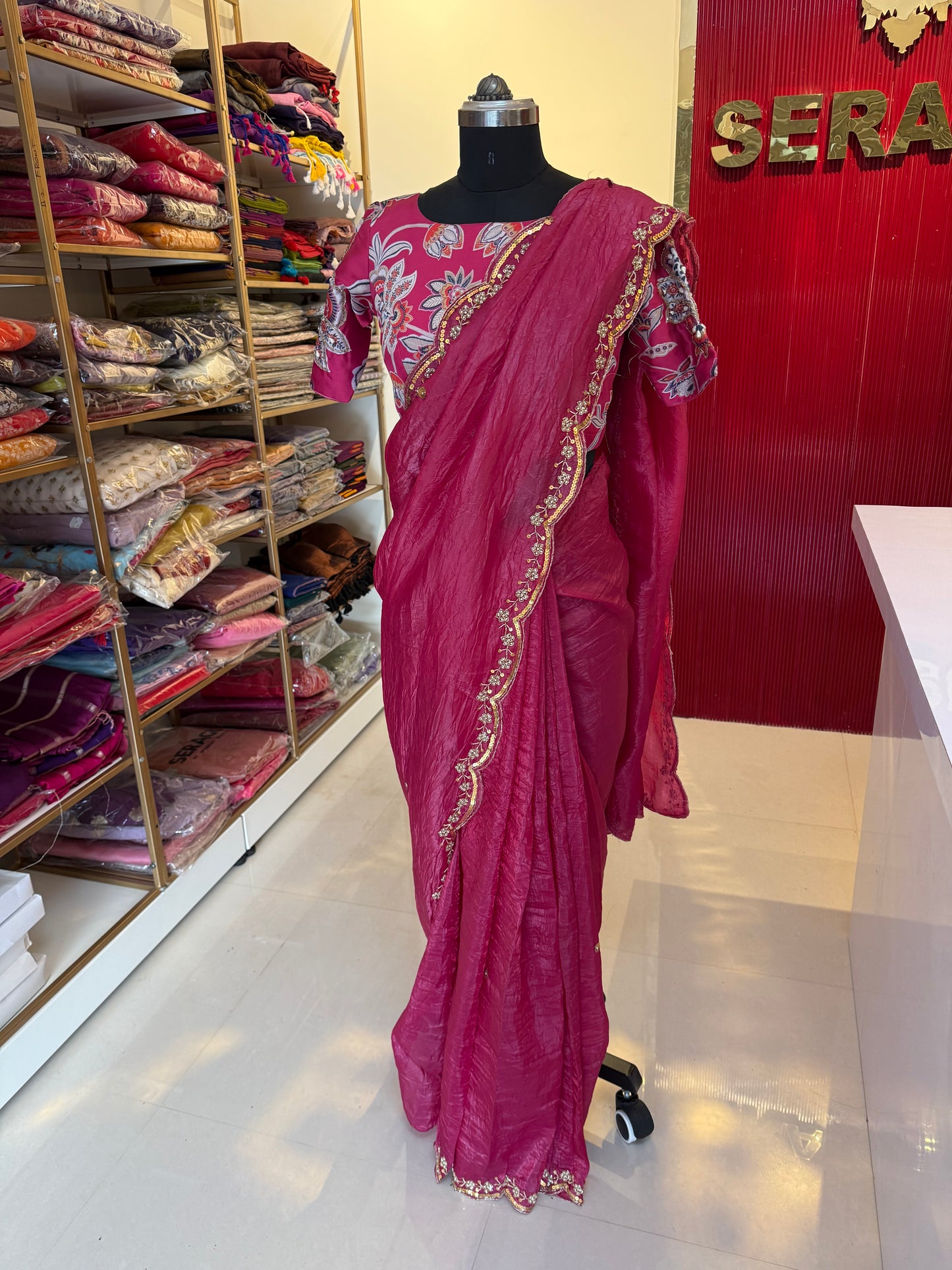 Pink designer hand work saree with position work blouse