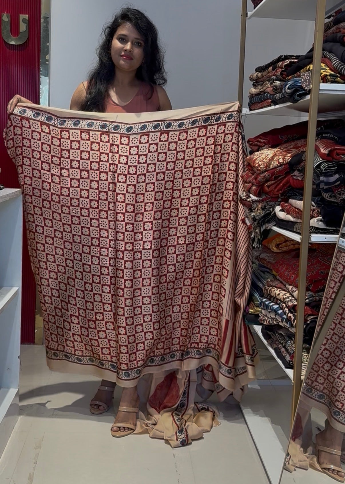 Cream with red pure modal silk saree