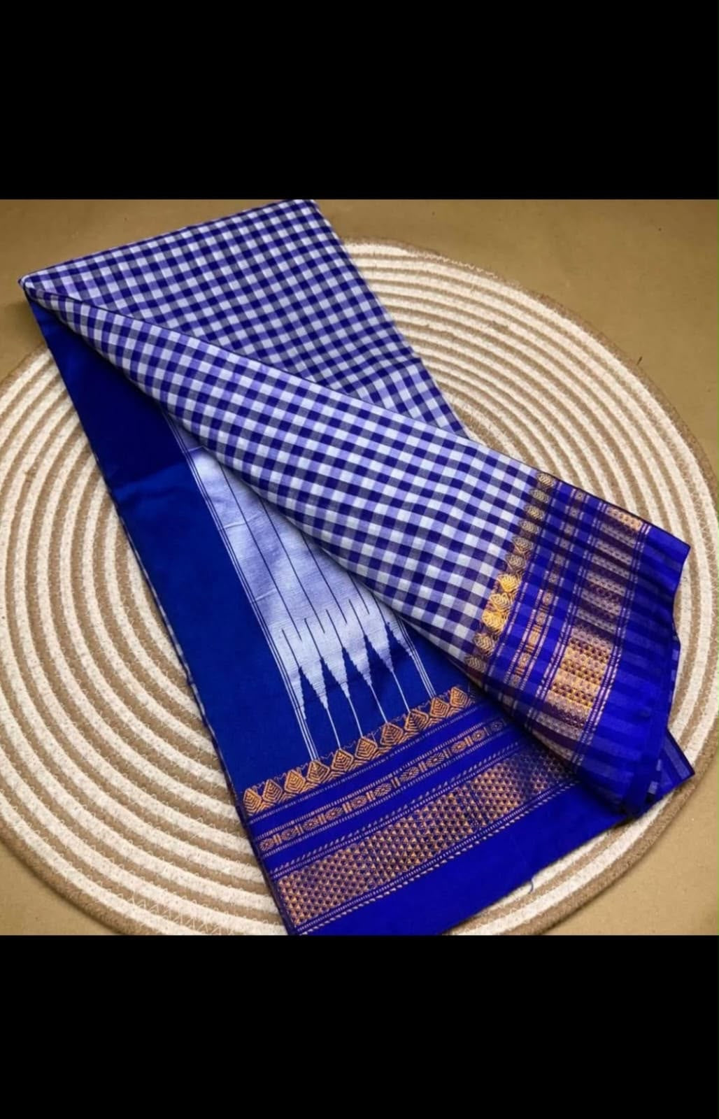 Blue ilkal checked pure cotton saree