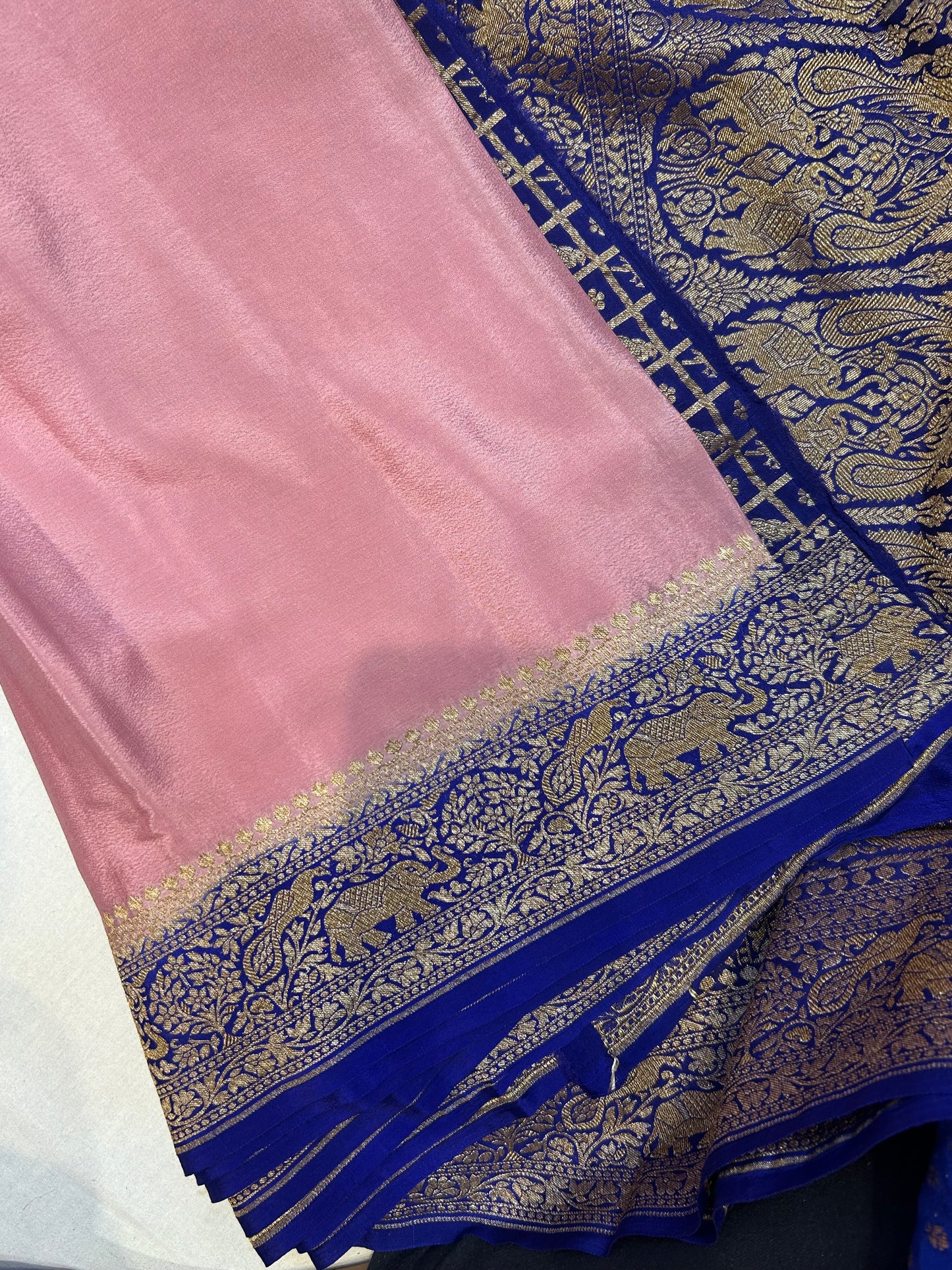 Baby pink with blue pure crepe Banarasi saree