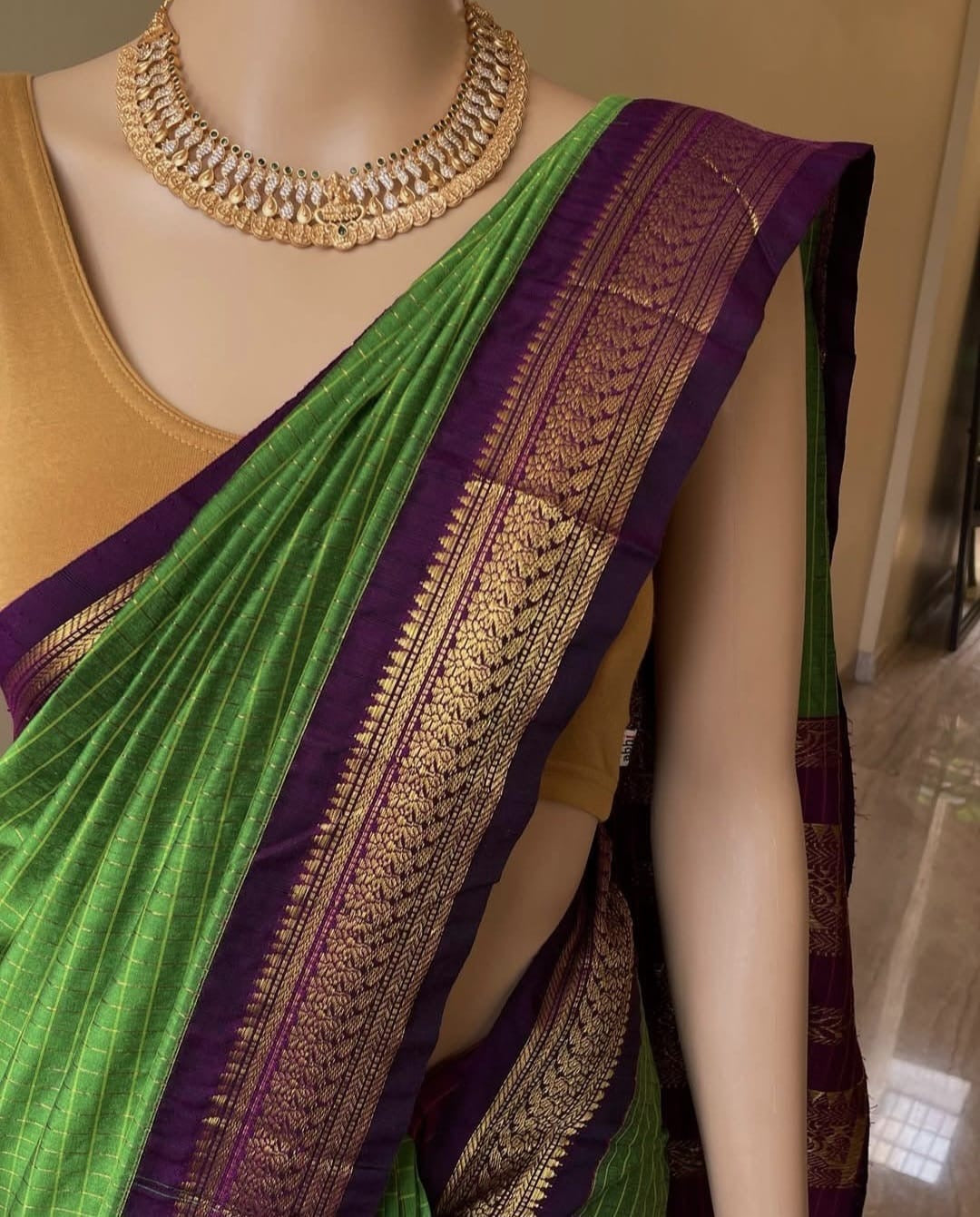 Parrot green with purple Cotton silk saree