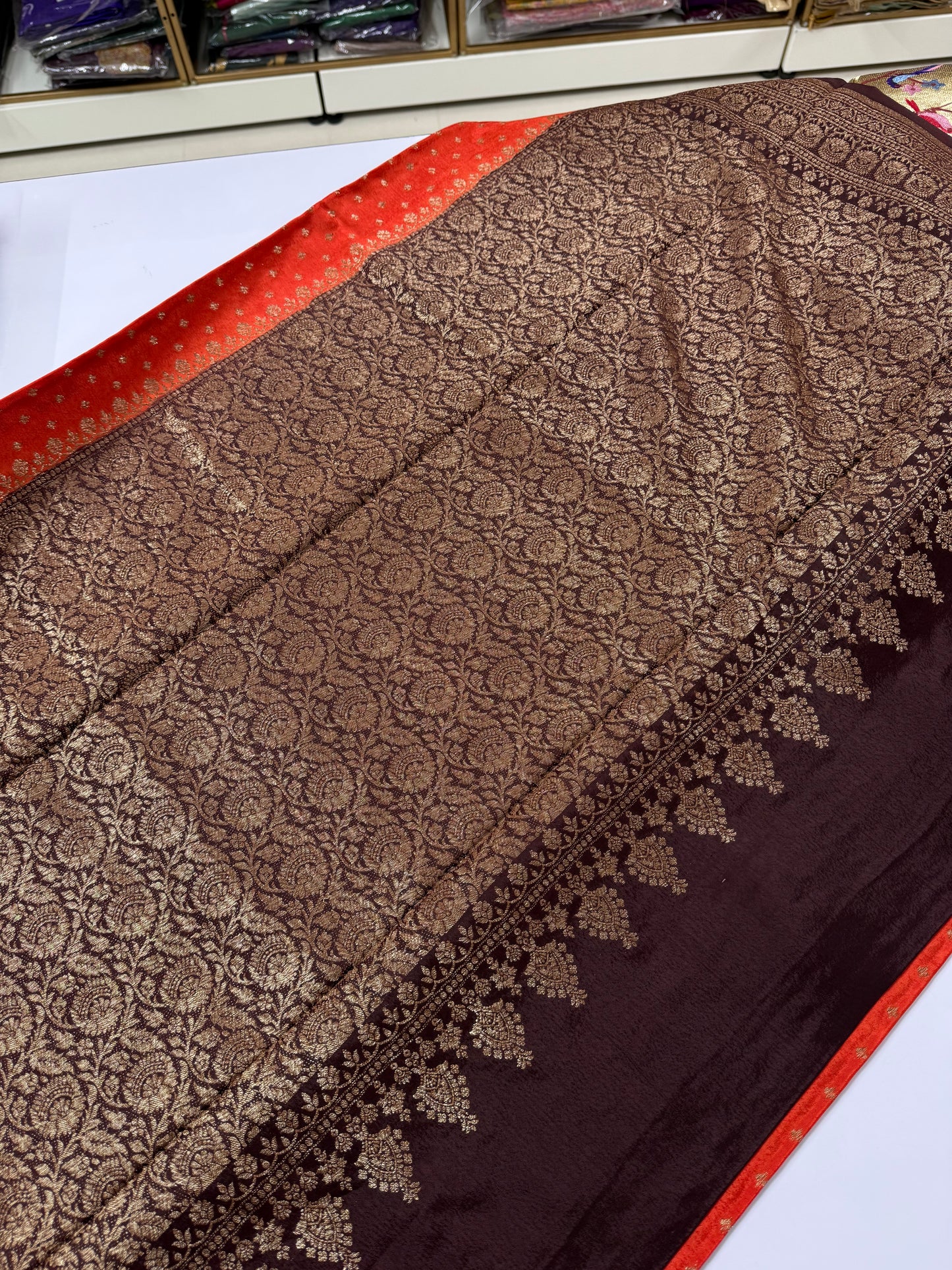 Rust orange with chocolate Brown Pure Crepe chiffon banarasi saree(PCC100)