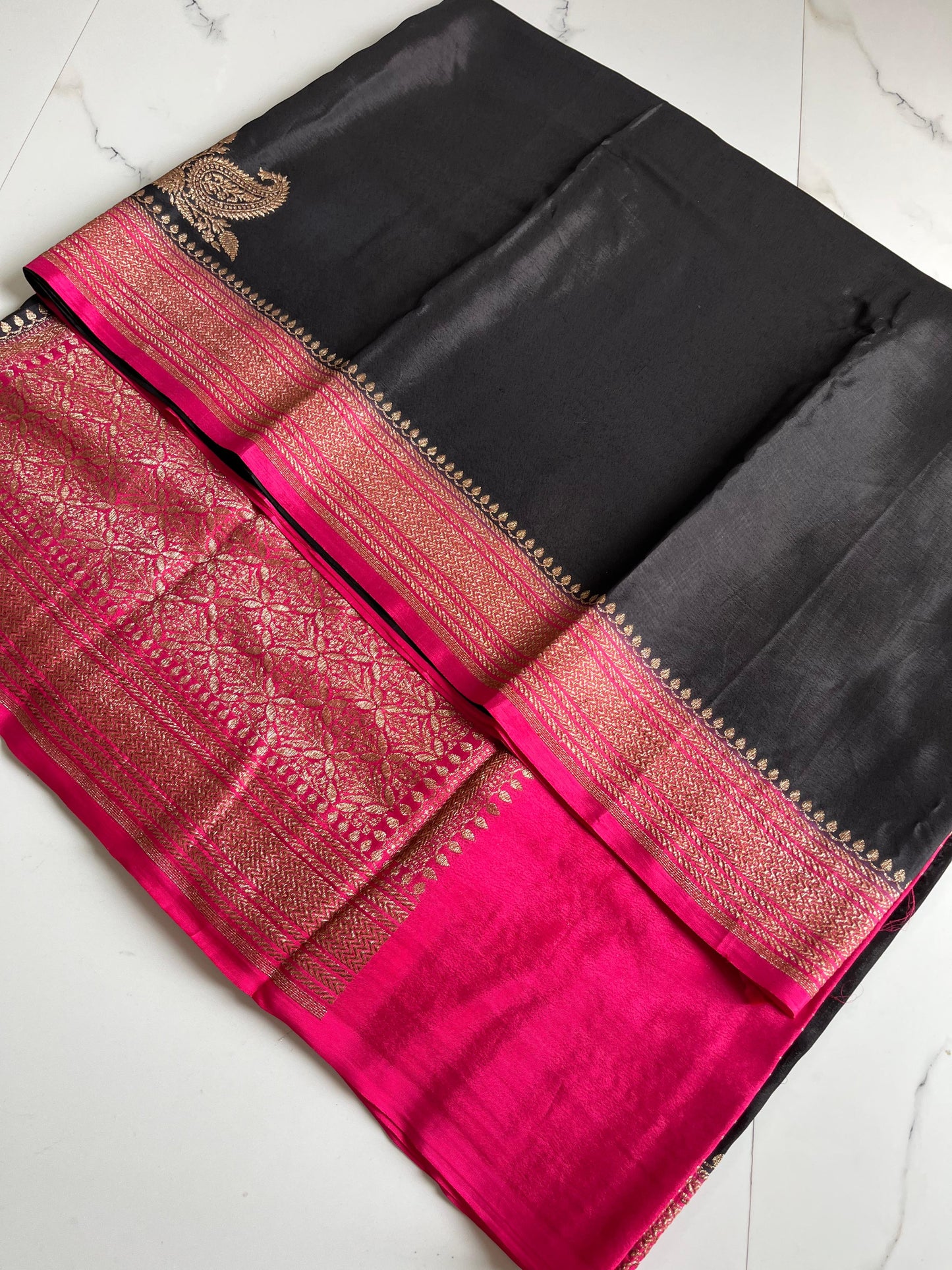 Black with pink Pure Crepe chiffon banarasi saree