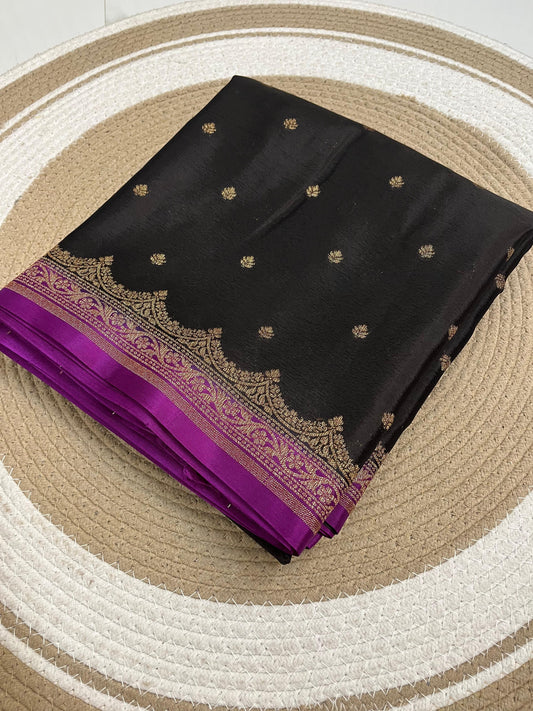 Black with purple Pure Crepe banarasi saree