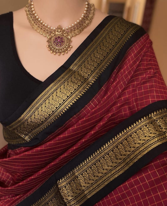 Black with Red cotton silk saree