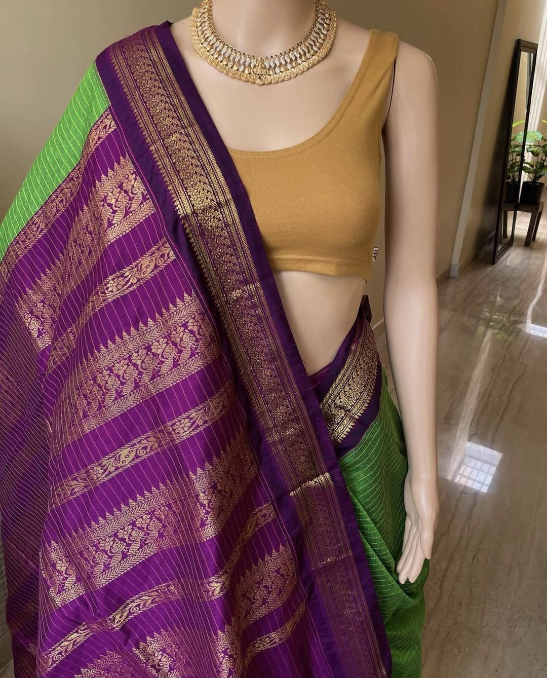 Parrot green with purple Cotton silk saree