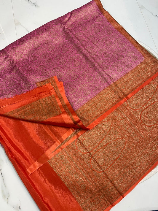 Pink With Orange PURE BROCADE Khaddi Crepe Chiffon Handloom Banarasi Saree