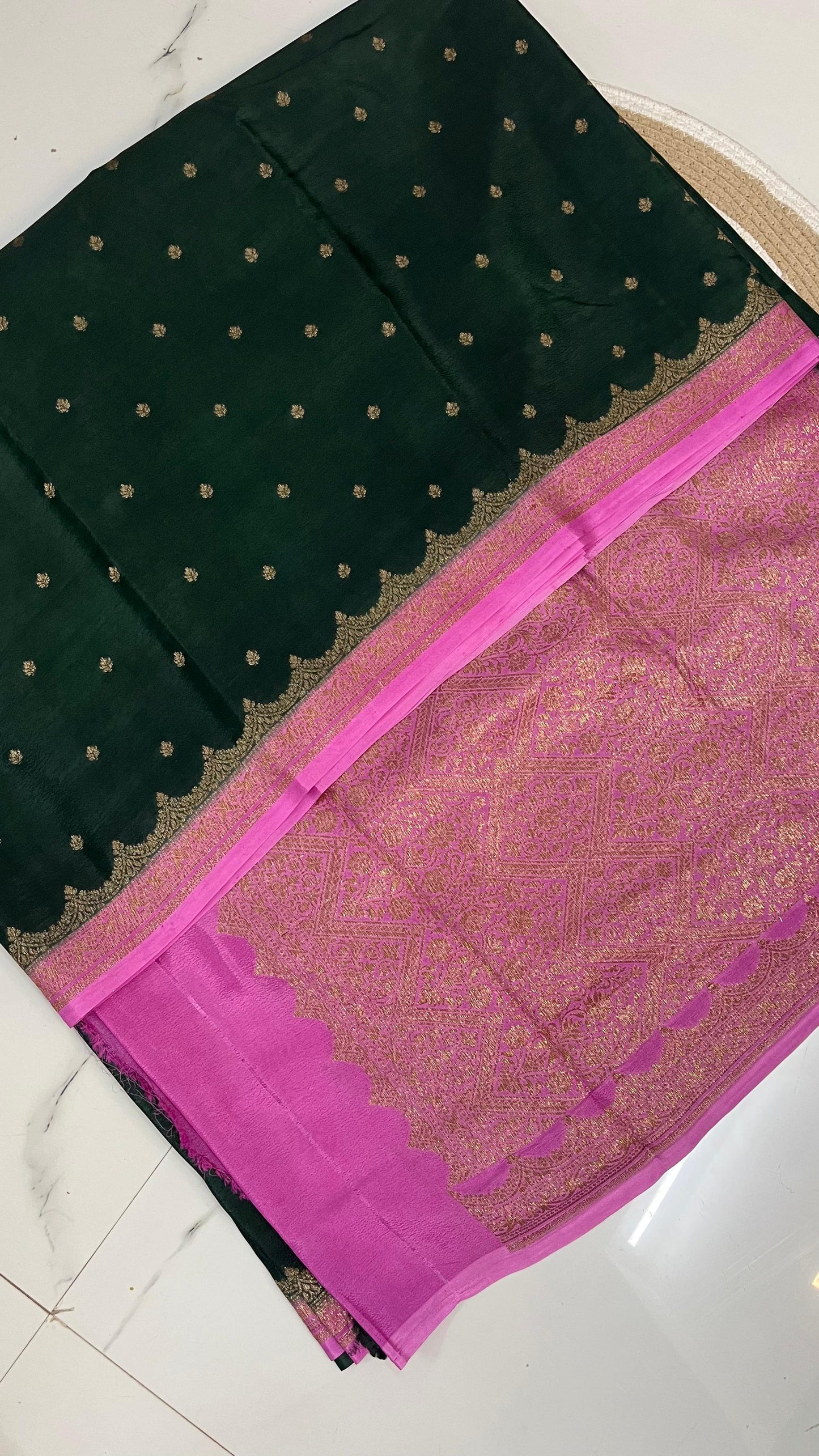 Green with pink Pure Crepe banarasi saree
