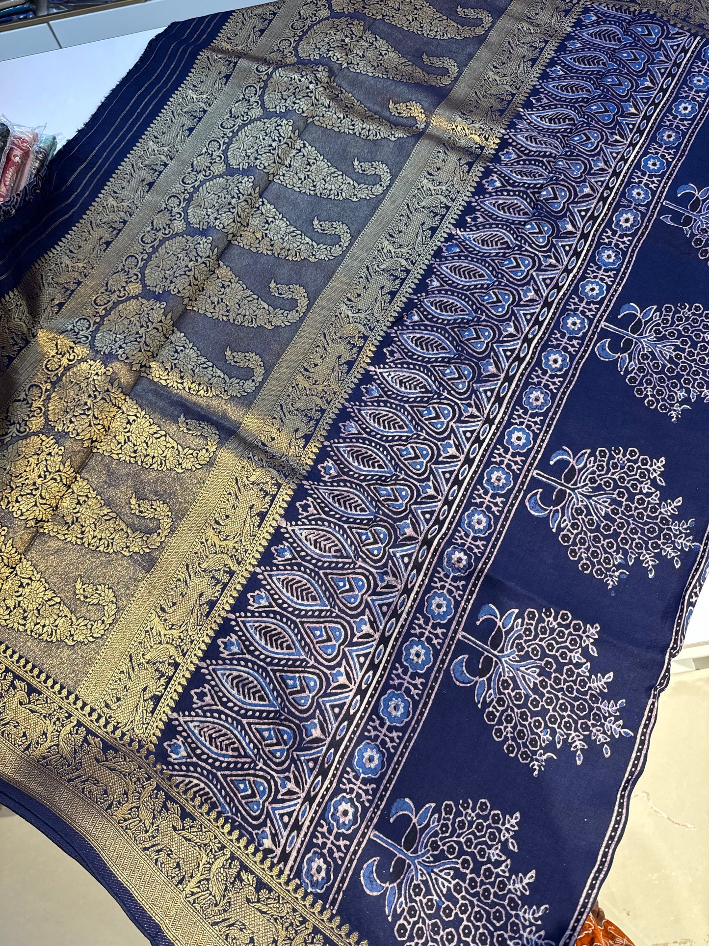 Blue dola Silk Saree with ajrakh hand block print