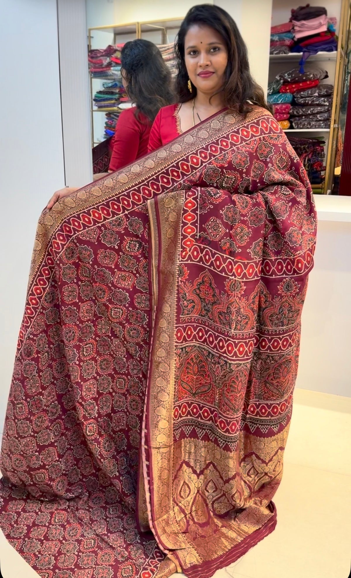 Maroon Badam butta Dola Silk Saree with ajrakh hand block print
