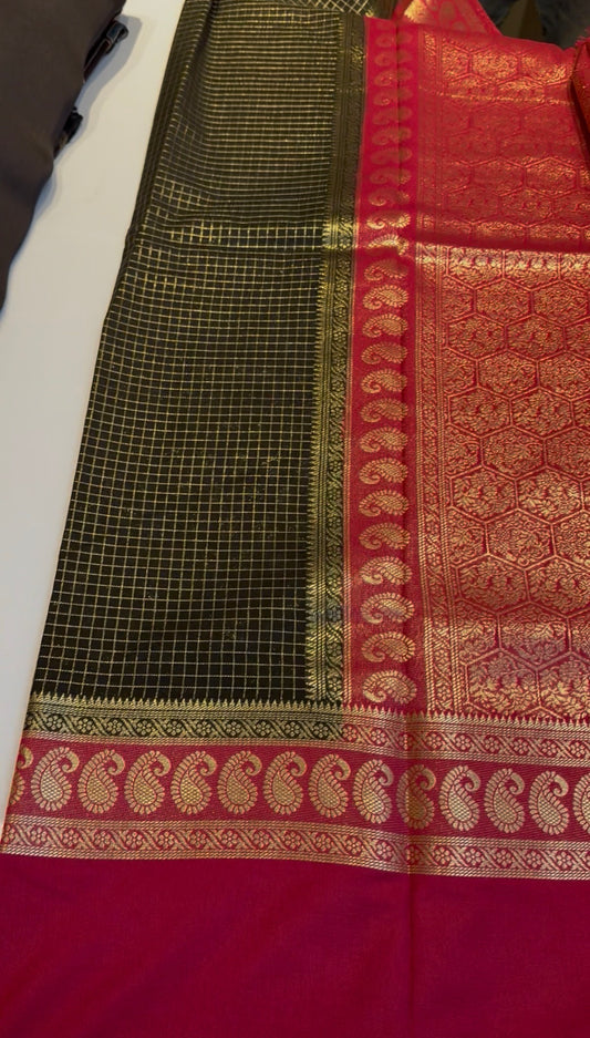 Rich premium black with & pink crepe silk saree