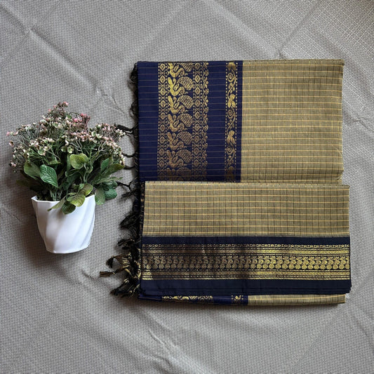Cream with blue cotton silk saree