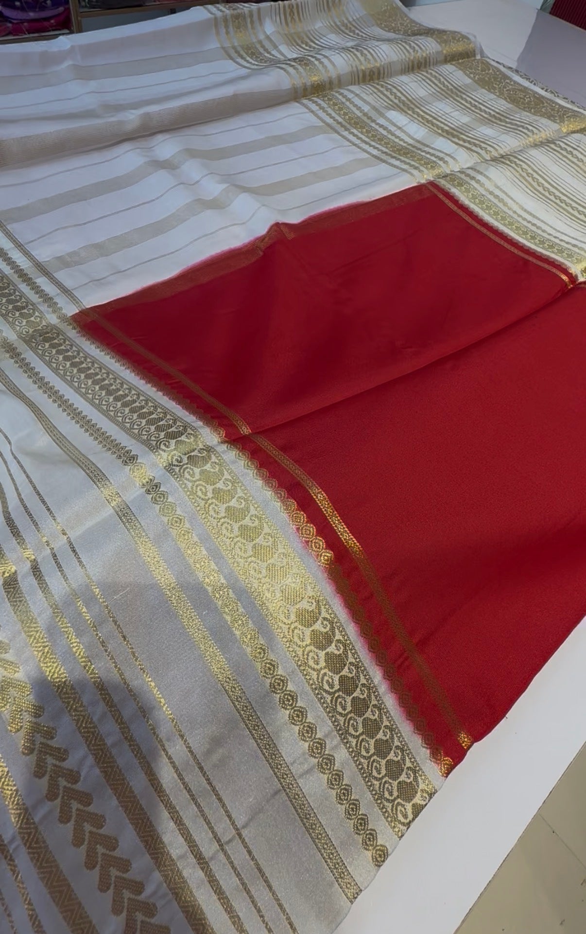 Red With Offwhite semi crepe silk saree