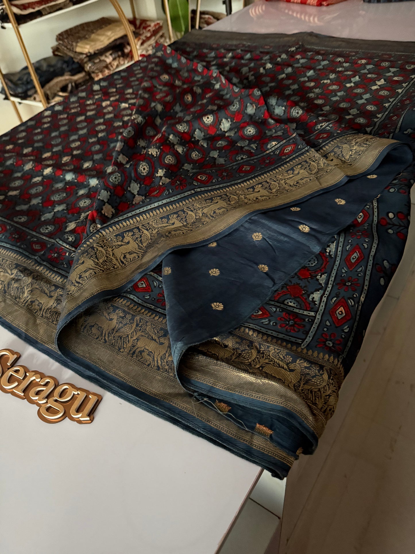 Ajrakh Dola Silk Saree