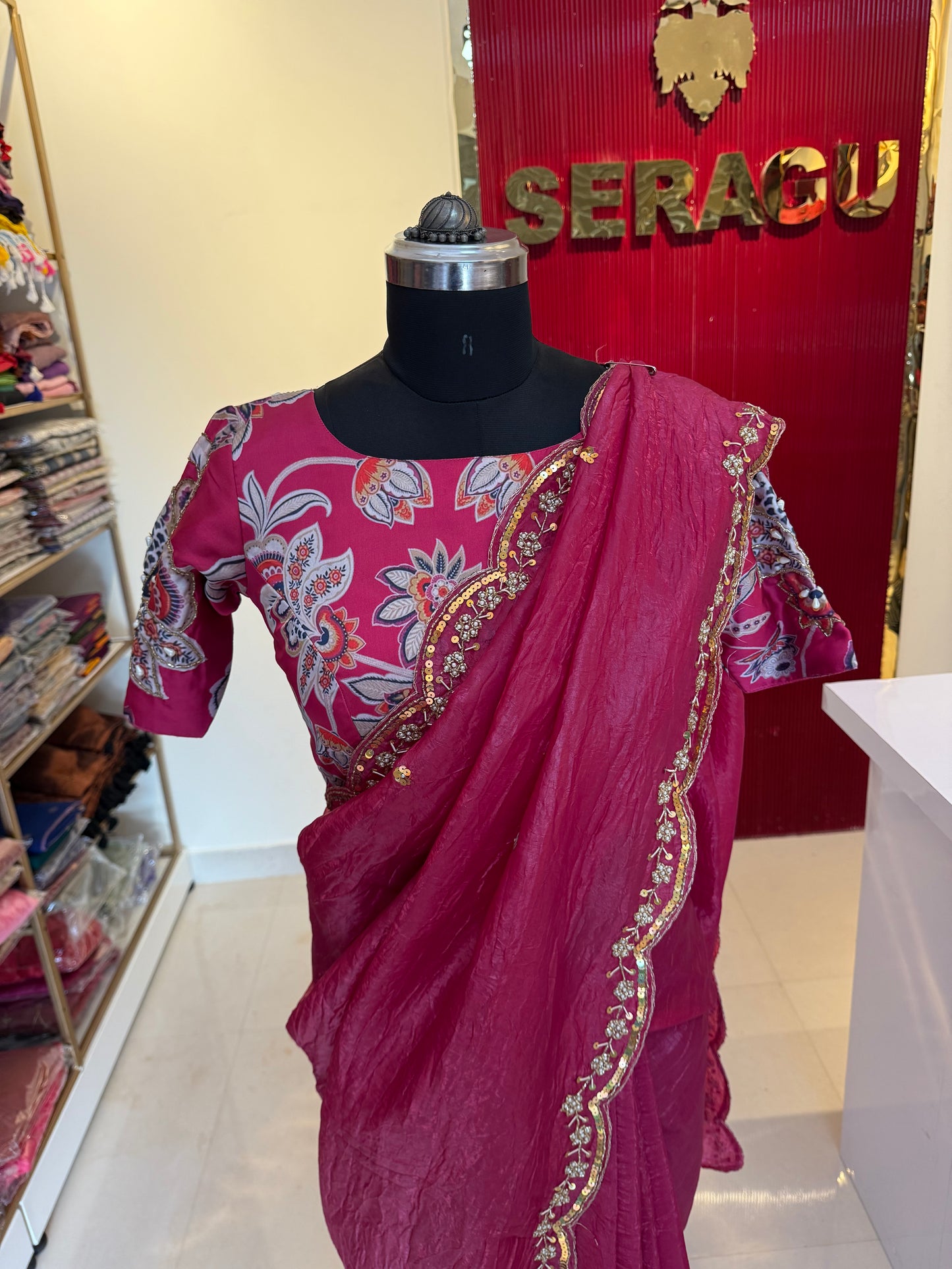 Pink designer hand work saree with position work blouse