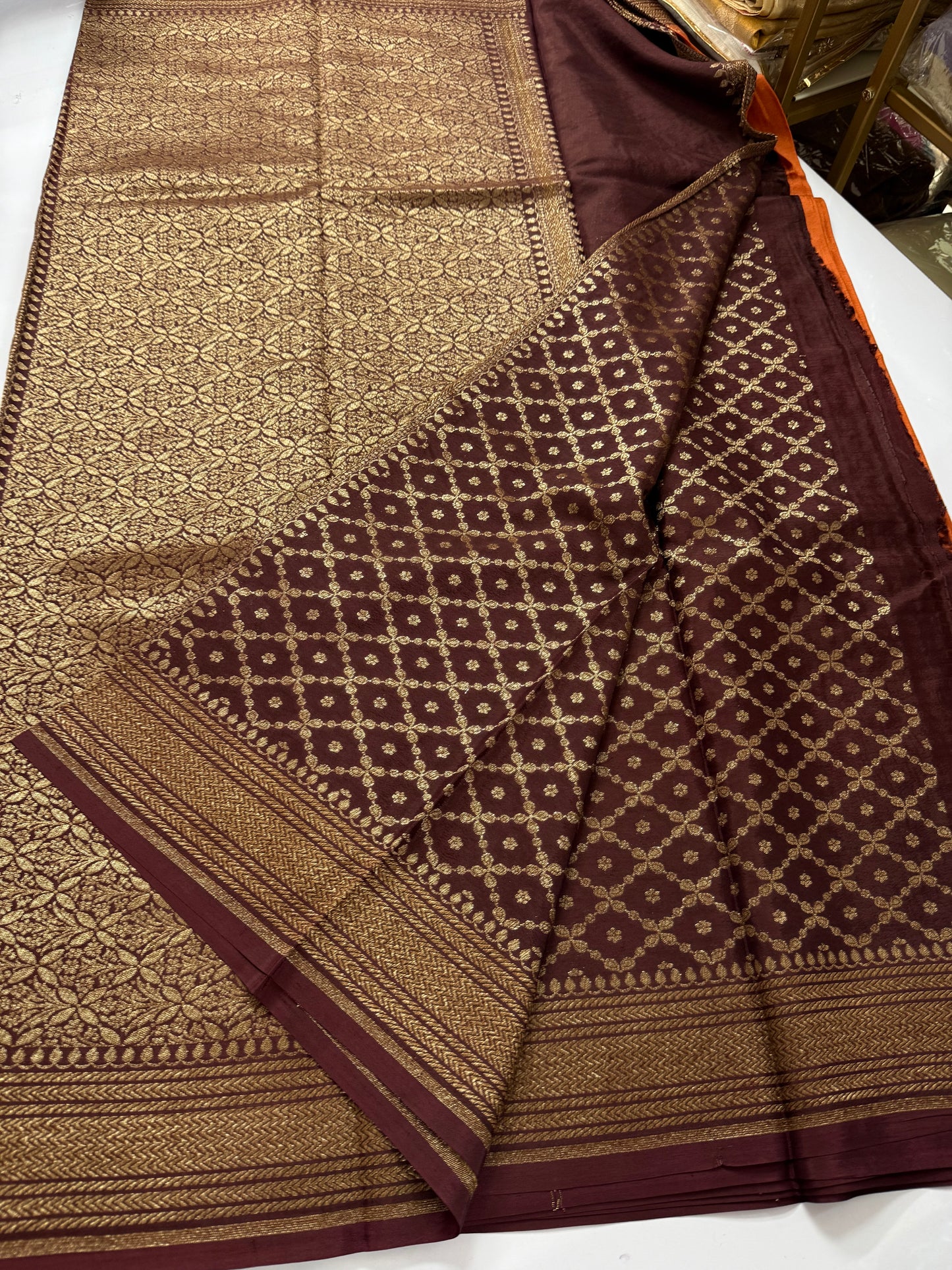 Rust orange with brown Pure Crepe chiffon banarasi saree with konia design
