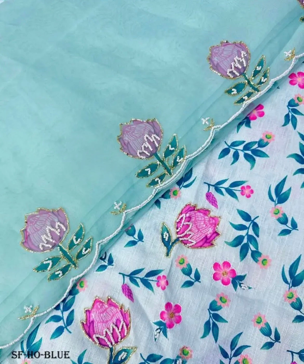 Designer lotus hand work Blue  saree