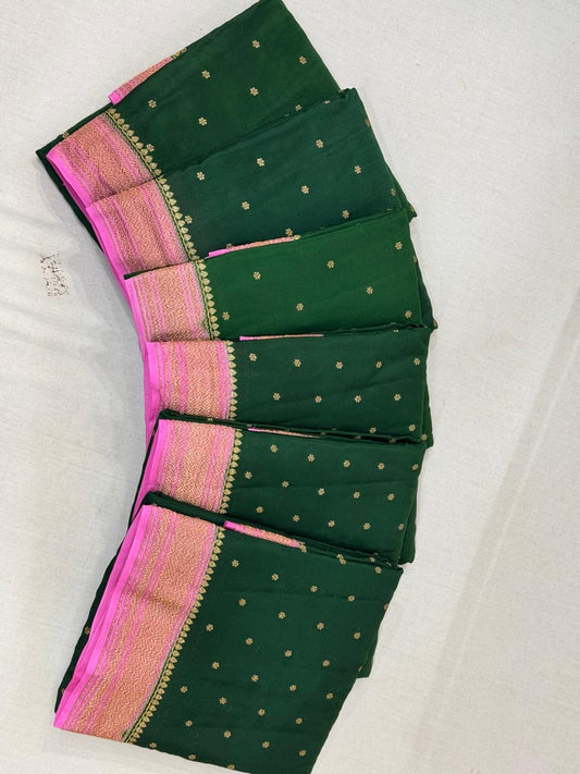 Bottle green with baby pink pure crepe Banarasi saree