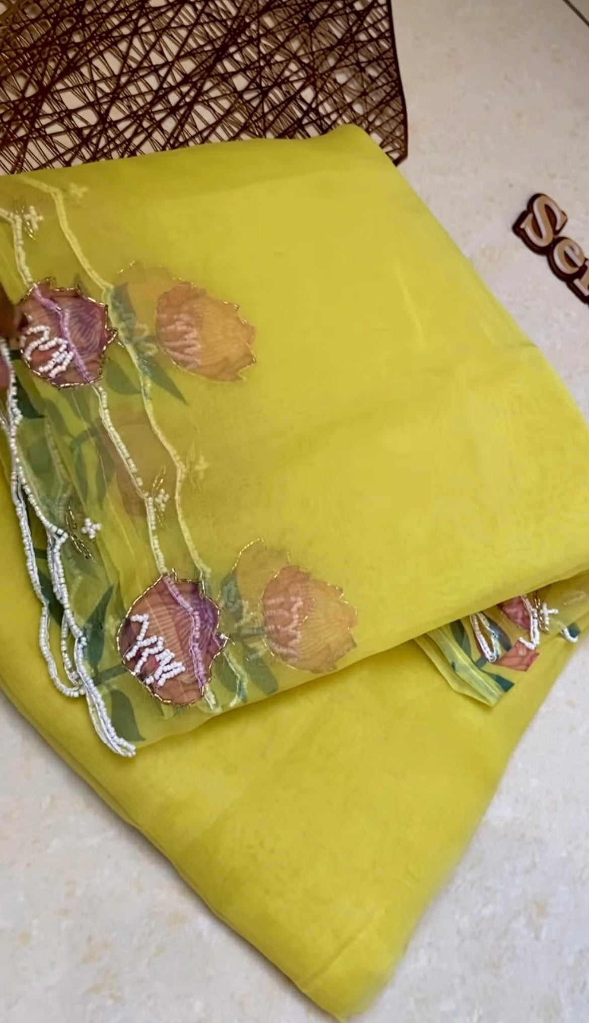 Designer yellow hand embroidery saree