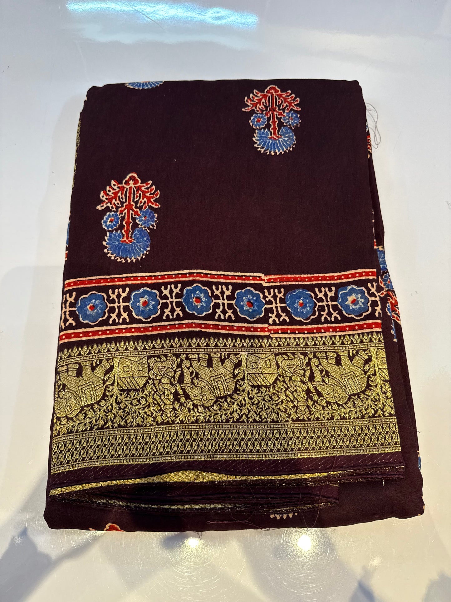 Dola Silk Saree with ajrakh hand block print