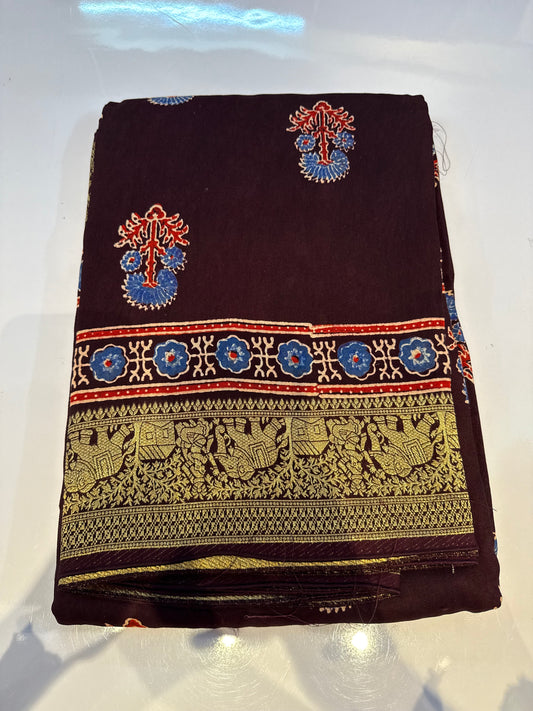 Dola Silk Saree with ajrakh hand block print