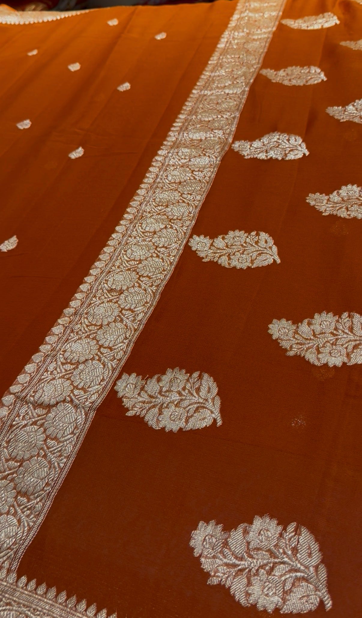 Rust Orange Pure chiffon Banarasi sarees