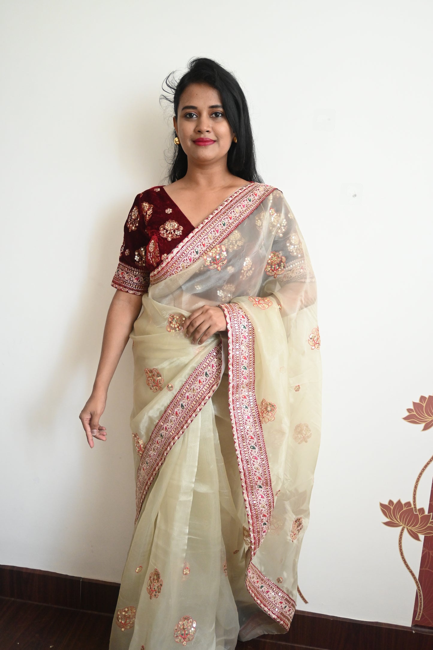 Designer organza saree with velvet blouse saree
