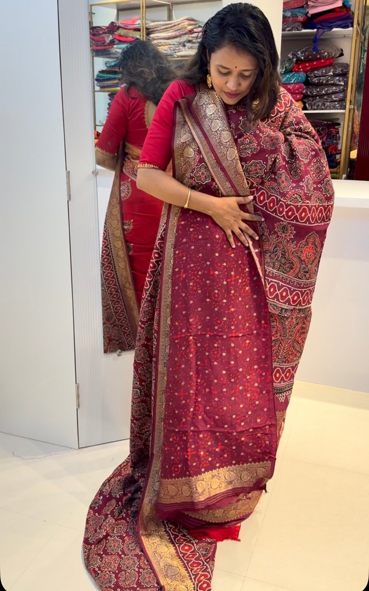 Maroon Badam butta Dola Silk Saree with ajrakh hand block print