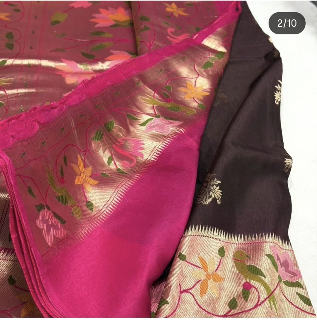 Brown with pink Paithani contrast Viscose Crepe silk saree