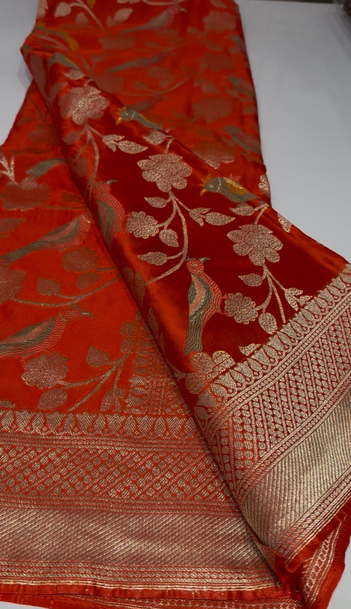 Reddish orange Satin Banarasi Saree
