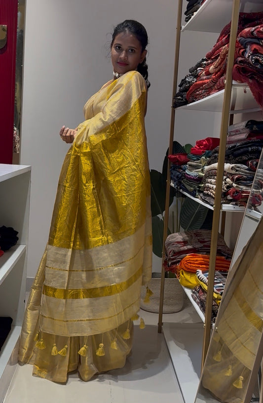 Gold with off white Tissue Silk saree