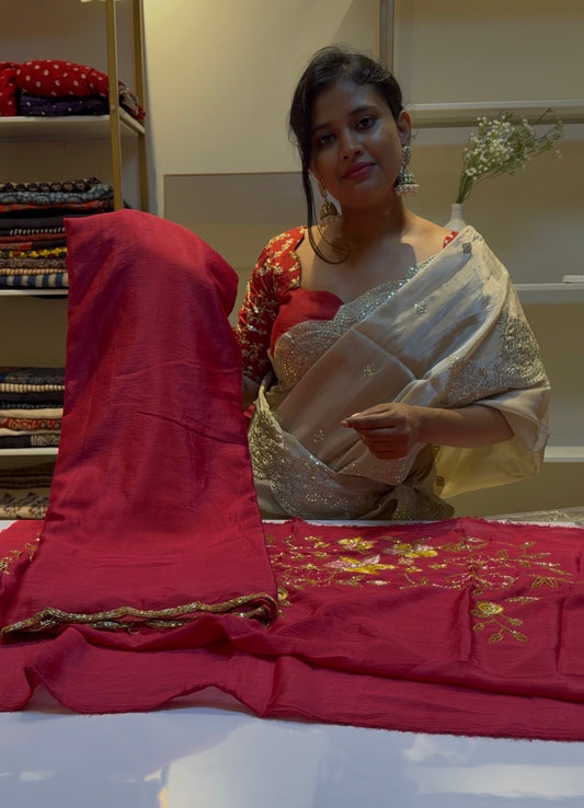 Pinkish red hand work designer saree