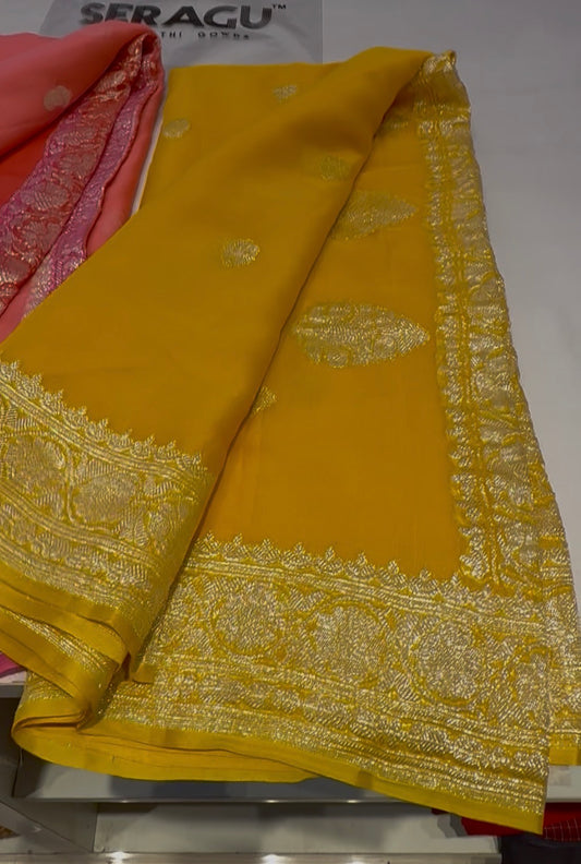 Yellow pure chiffon Banarasi sarees
