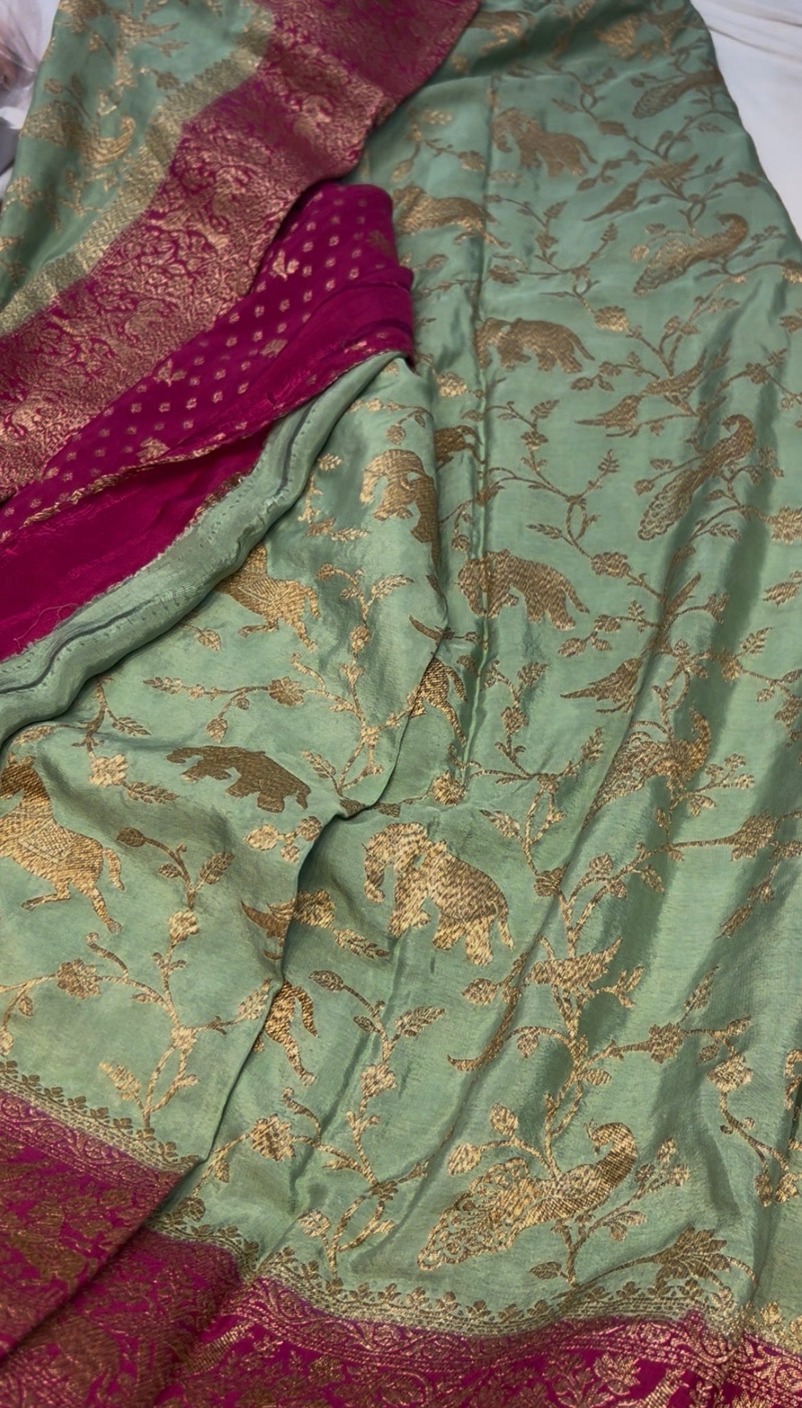 Mint green with pink pure crepe Banarasi saree (pure100)