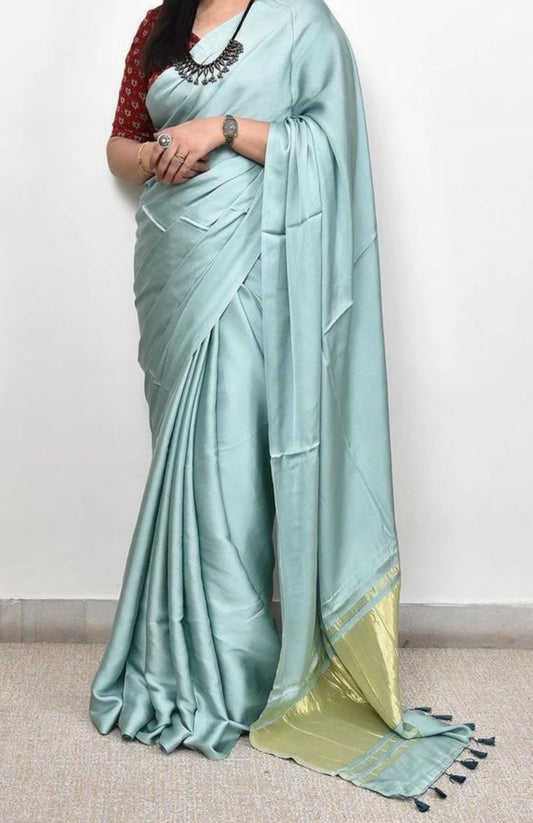 Blue pure plain modal silk saree with lagadi pallu