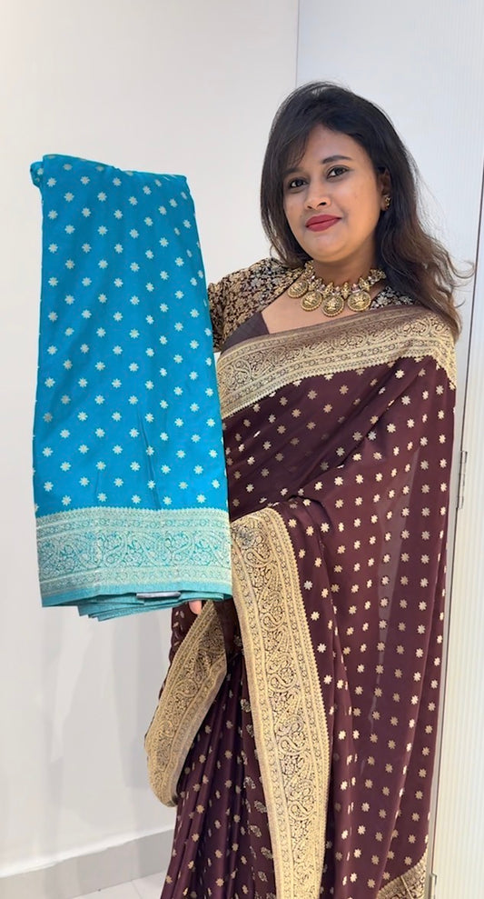 Blue Designer Soft Crepe banarasi saree with brocade blouse (SBSGDC66)
