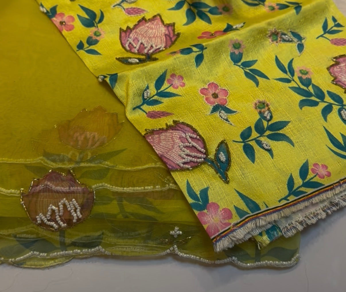 Designer lotus hand work lemon yellow saree