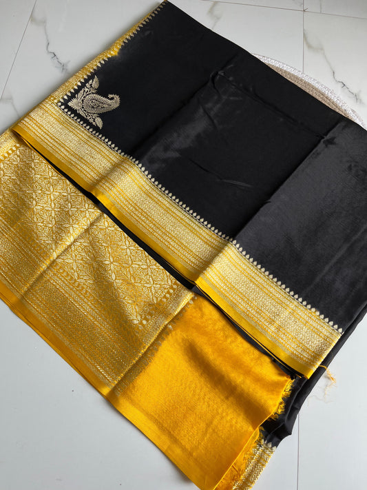 Black with yellow Pure Crepe chiffon banarasi saree