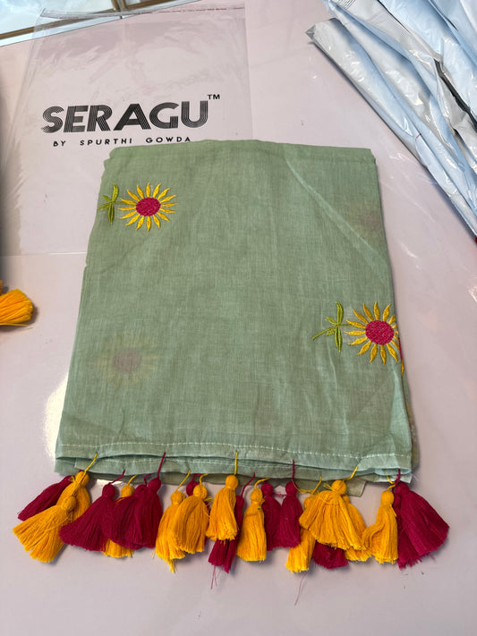 120 count pure mul Cotton With Long Tassels Saree(sunflower2)