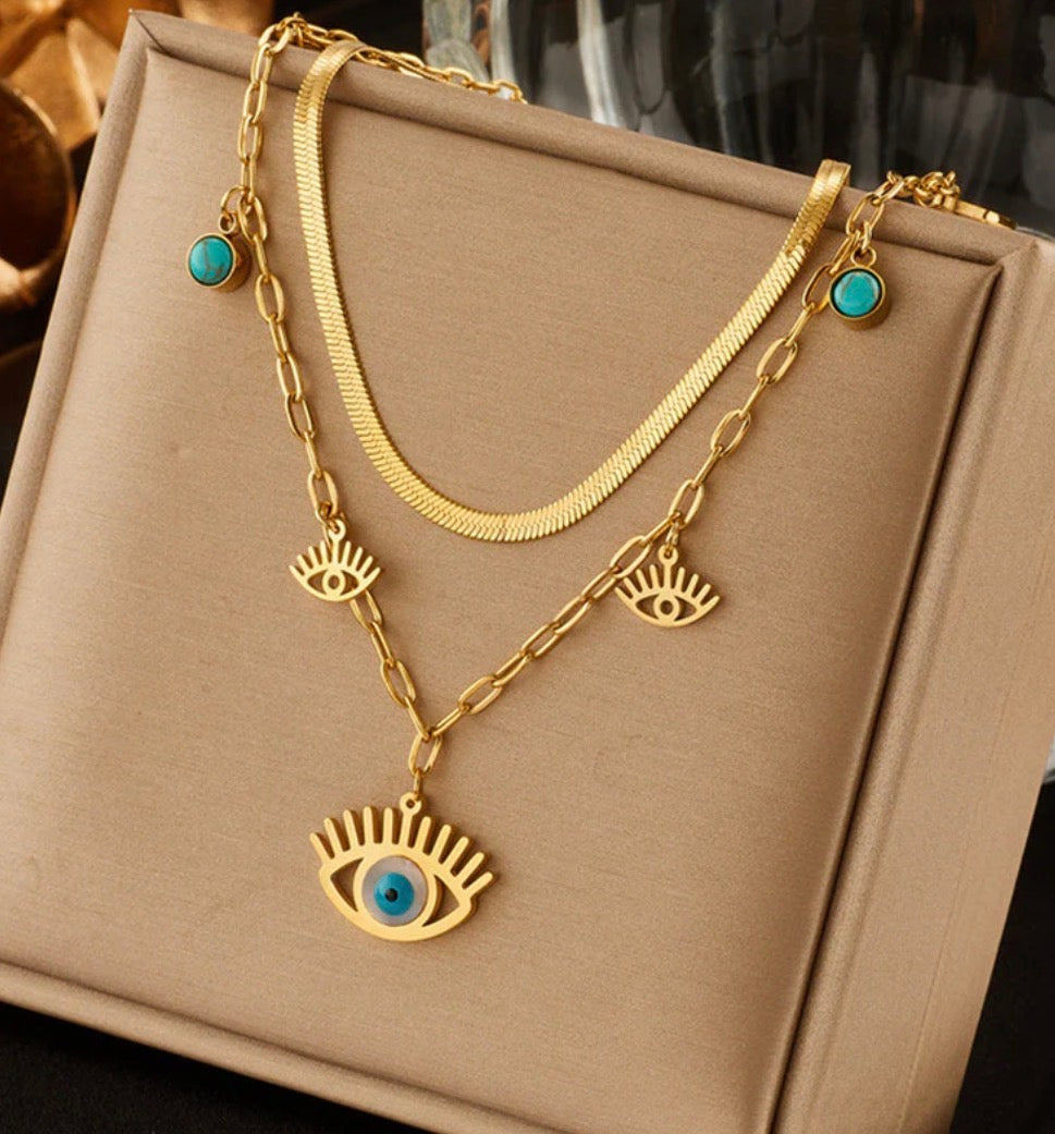 Anti Tarnish Evil Eye themed Dual Strand Necklace