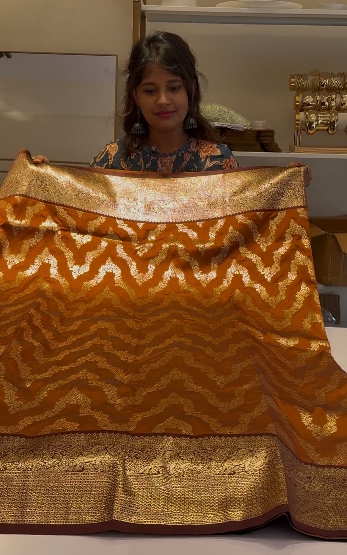 Rust orange semi Kanchi saree