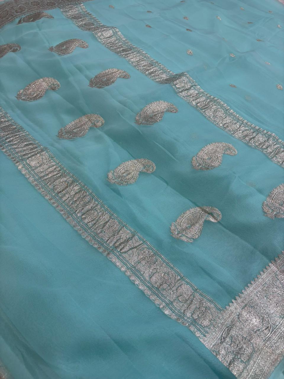 Blue green pure chiffon Banarasi sarees