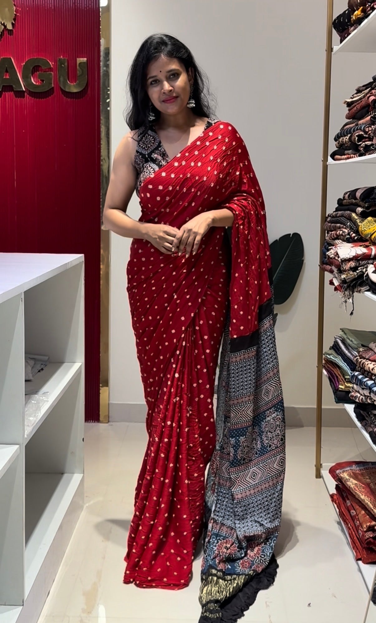 Red Bandhej Ajrakh Modal Silk With Zari Pallu