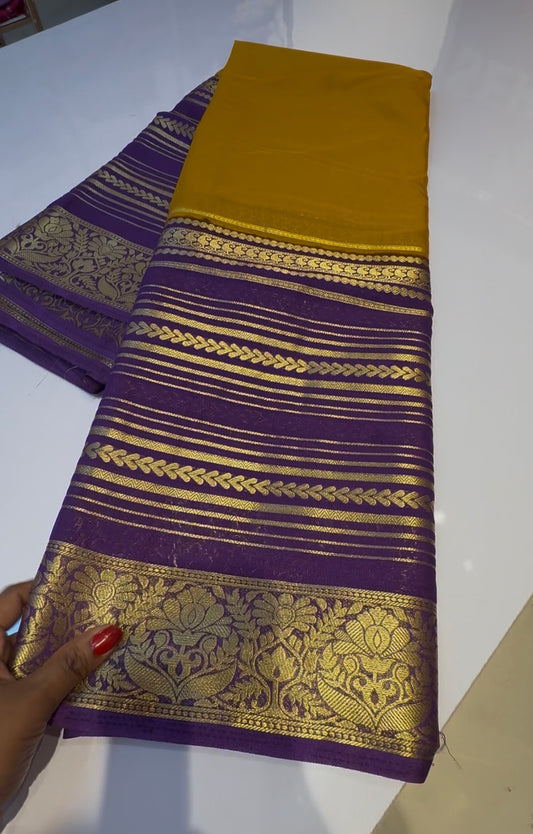 Yellow with purple semi crepe silk saree