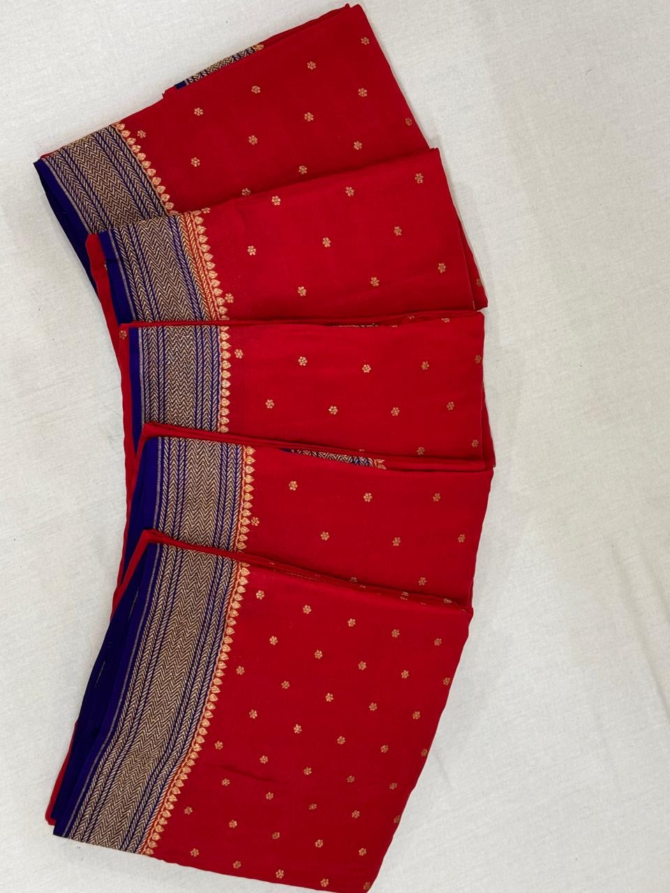 Red with blue pure crepe Banarasi saree